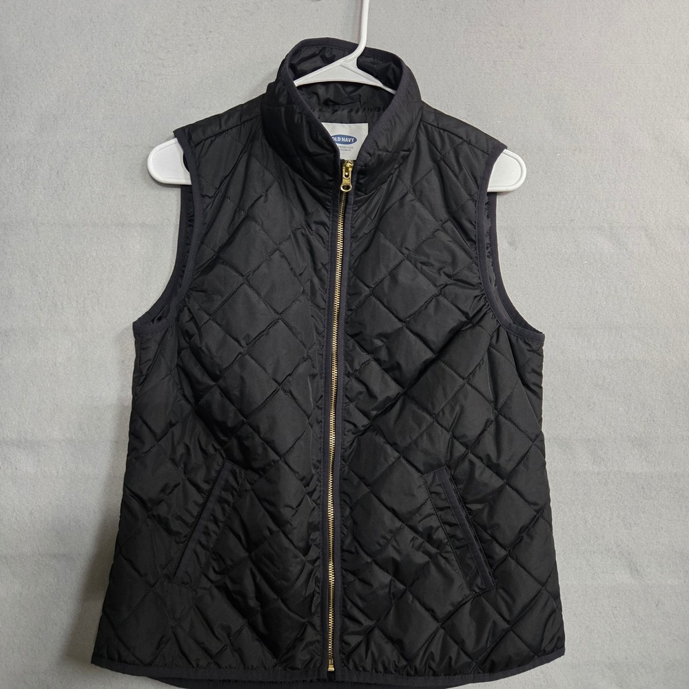 Old Navy Womens Black Quilted Puffer Vest Gold Zip Diamond Stitch Size M - Picture 8 of 9